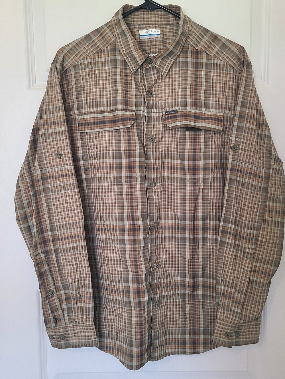 Columbia Mens Sz M  Brown Gray Plaid Long Sleeve Button Up Shirt  Dress Casual